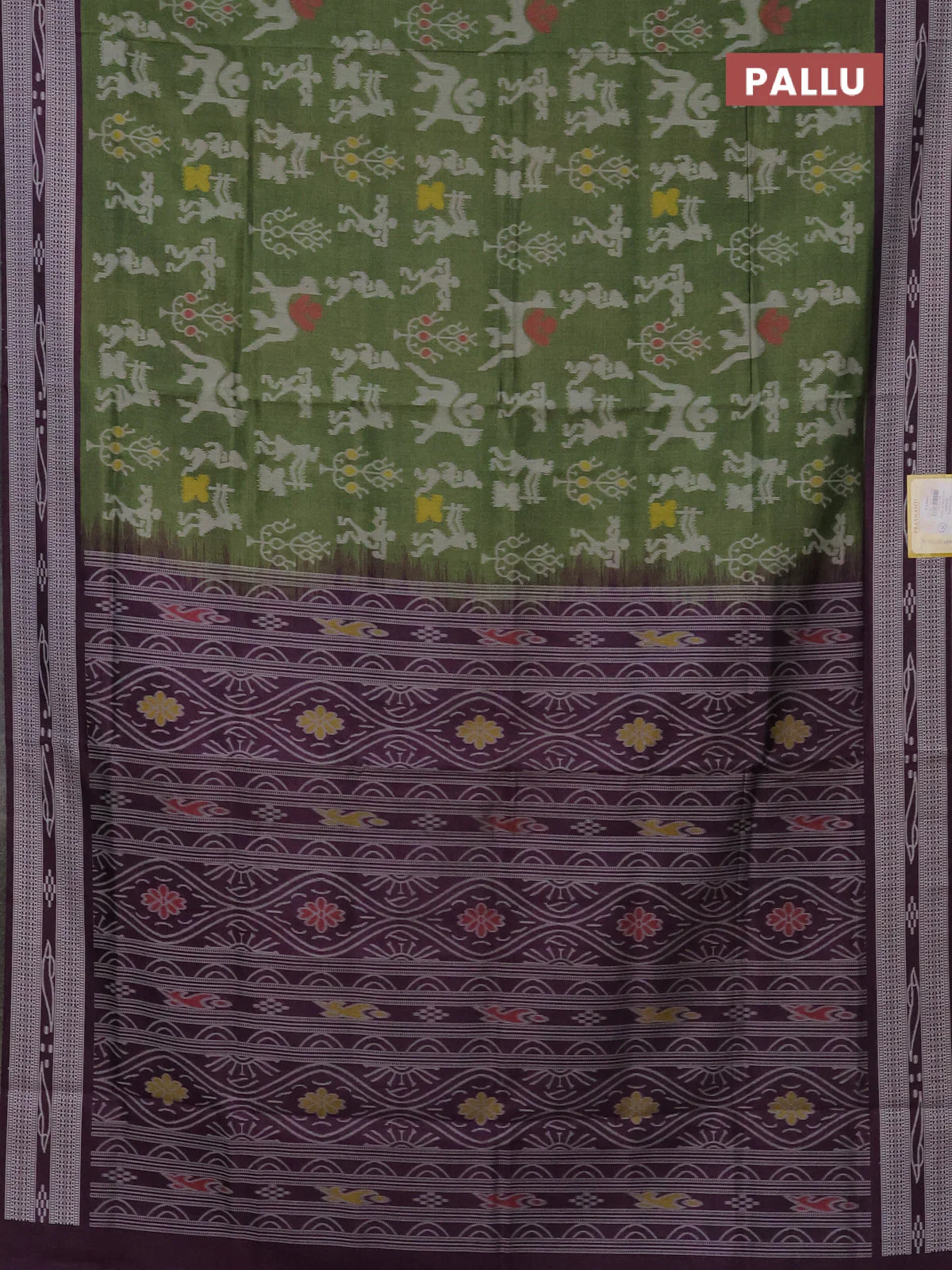 Semi sambalpuri silk saree sap green and wine shade with allover warli ikat weaves and thread woven border - Image 3