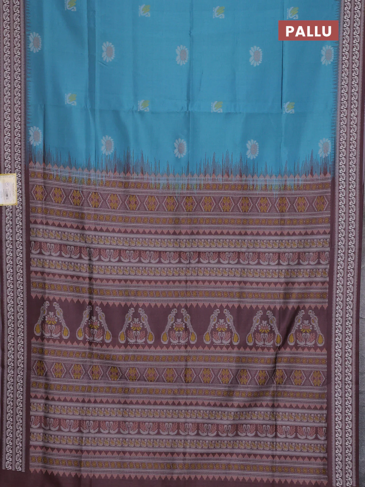 Semi sambalpuri silk saree teal blue and brown with allover ikat buttas and thread woven border - Image 3