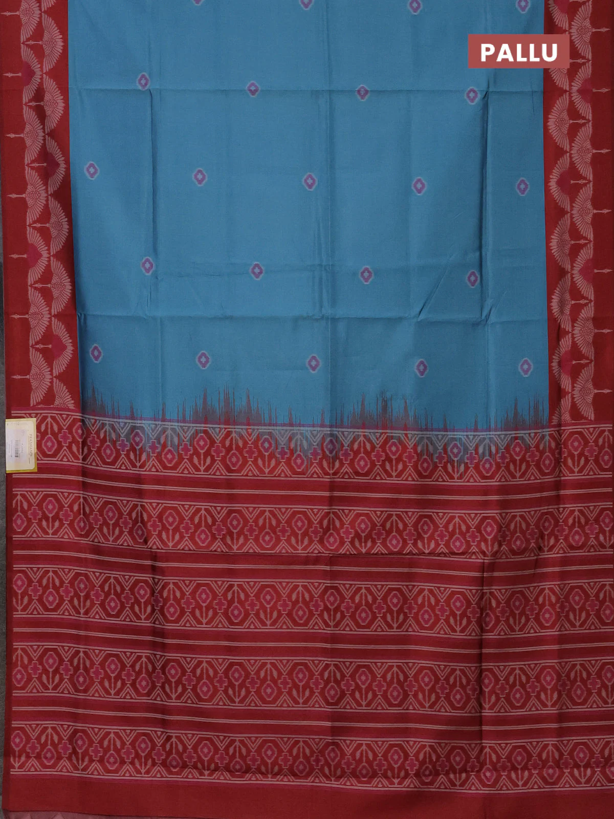 Semi sambalpuri silk saree teal blue and maroon with ikat buttas and thread woven border - Image 3