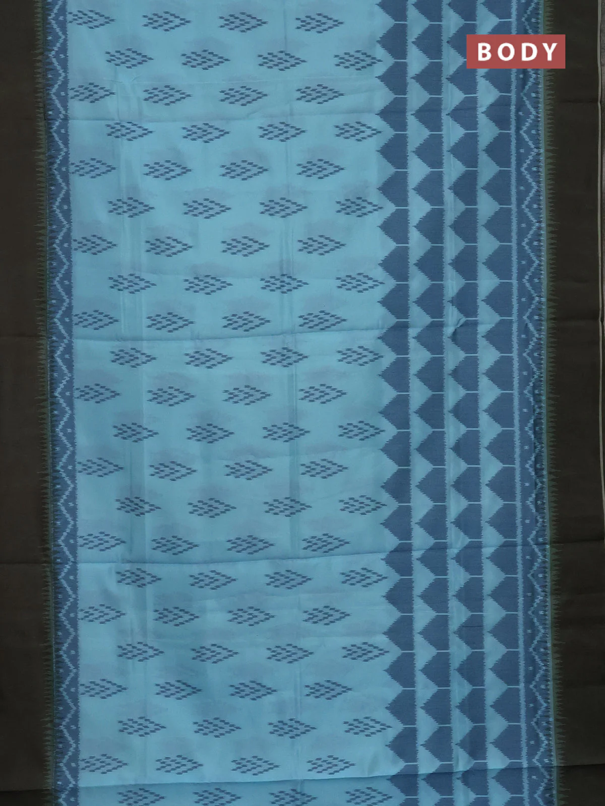 Semi sambalpuri silk saree teal blue and mehendi green with allover ikat buttas and simple border - Image 2