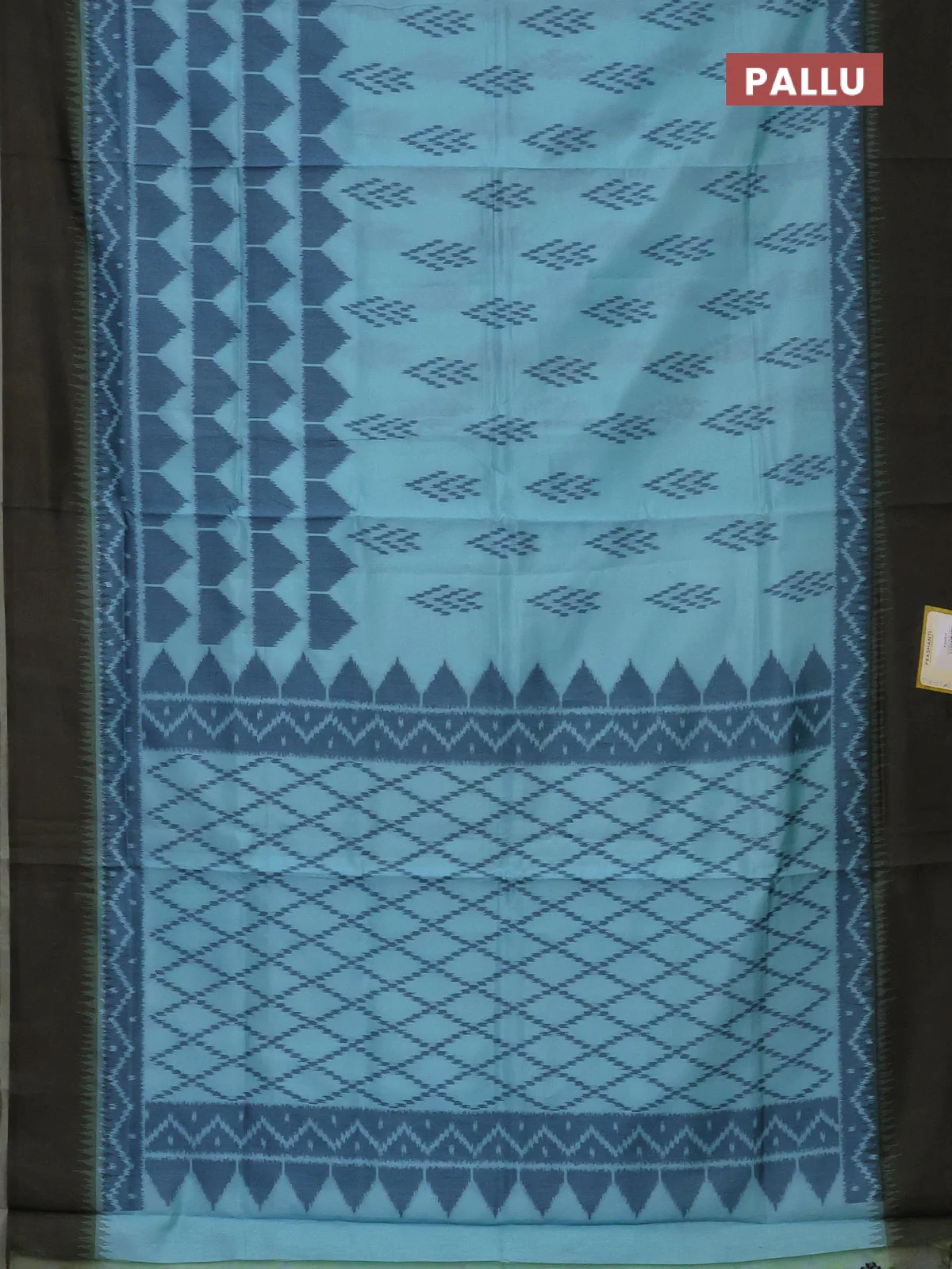 Semi sambalpuri silk saree teal blue and mehendi green with allover ikat buttas and simple border - Image 3