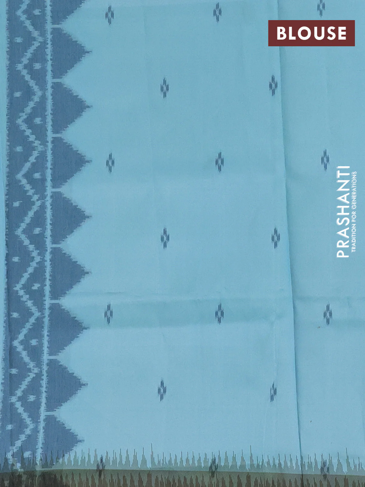 Semi sambalpuri silk saree teal blue and mehendi green with allover ikat buttas and simple border - Image 4