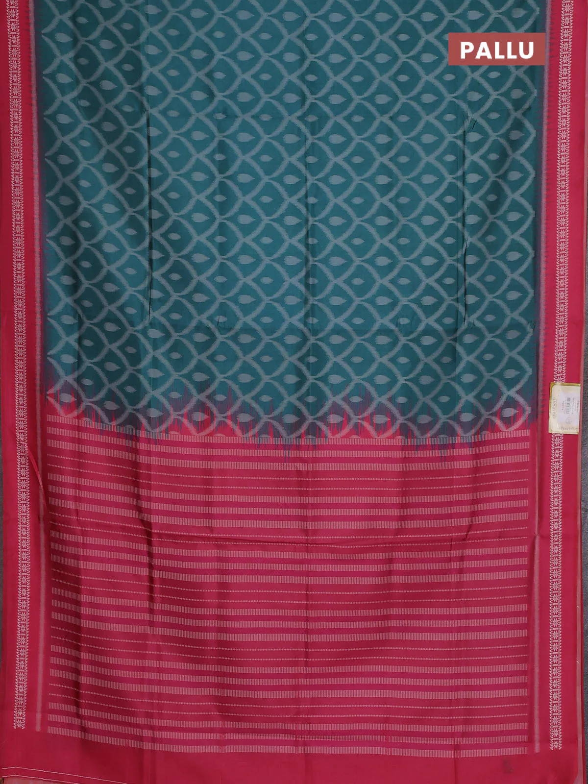 Semi sambalpuri silk saree teal green and pink with allover ikat weaves and thread woven border - Image 3
