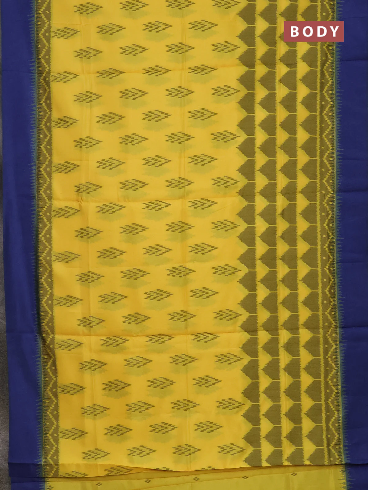 Semi sambalpuri silk saree yellow and blue with allover ikat buttas and simple border - Image 2