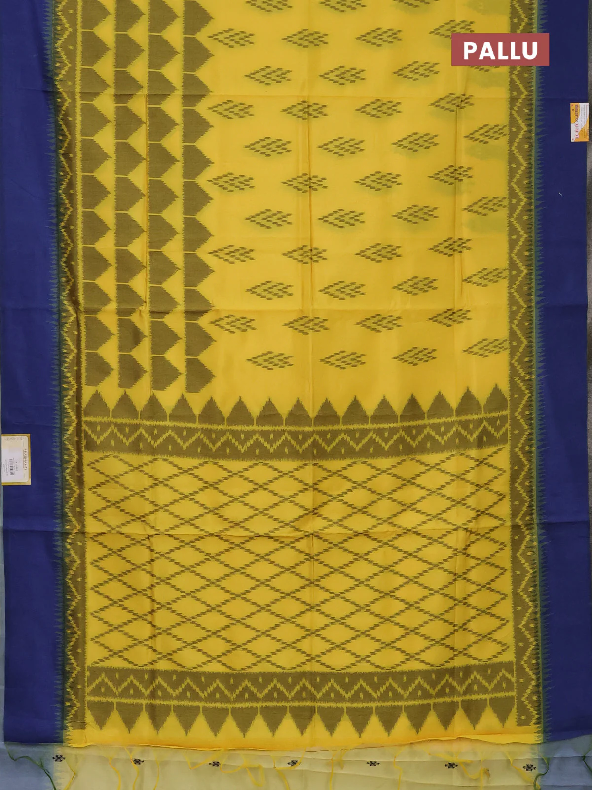 Semi sambalpuri silk saree yellow and blue with allover ikat buttas and simple border - Image 3