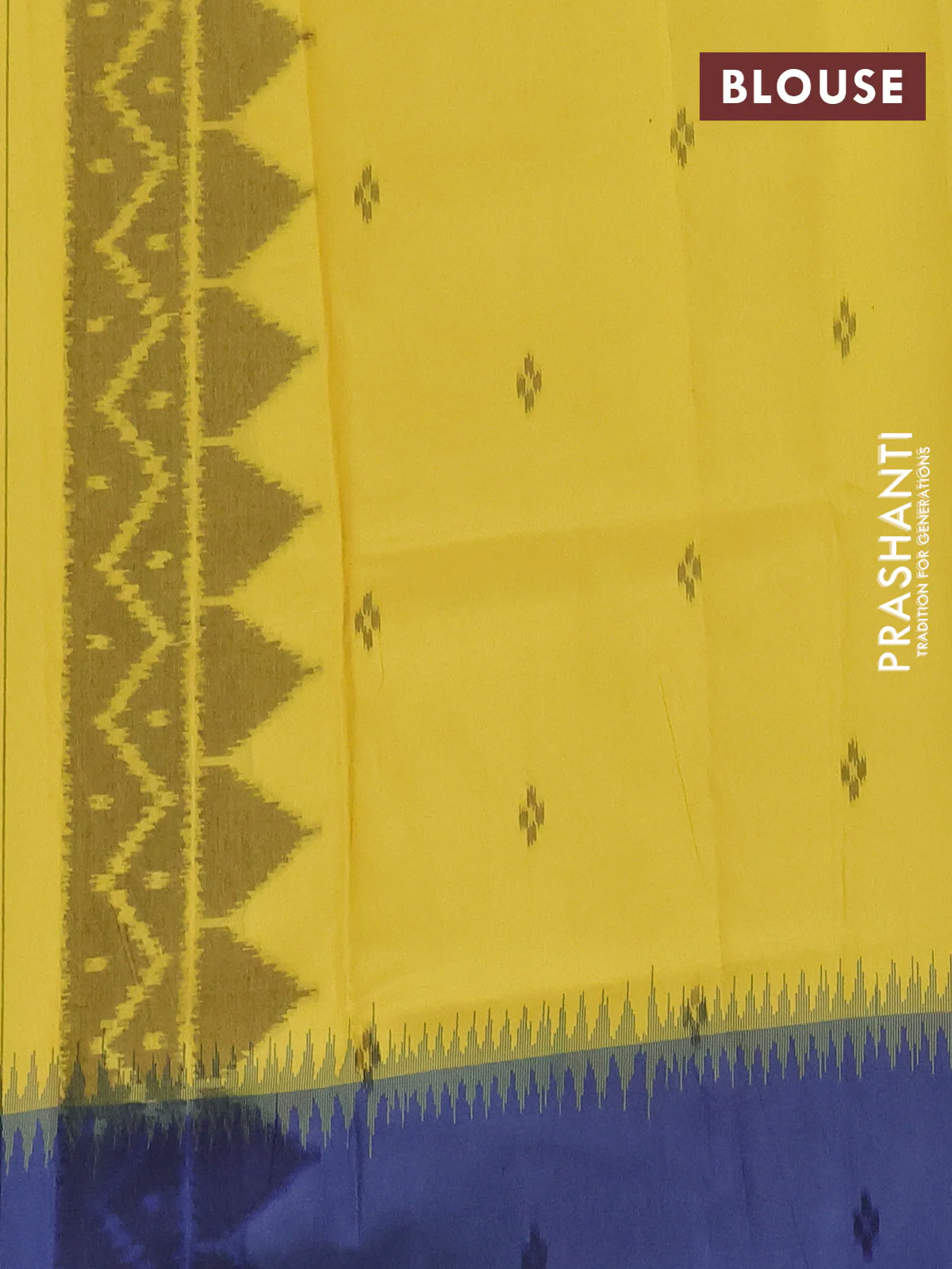 Semi sambalpuri silk saree yellow and blue with allover ikat buttas and simple border - Image 4