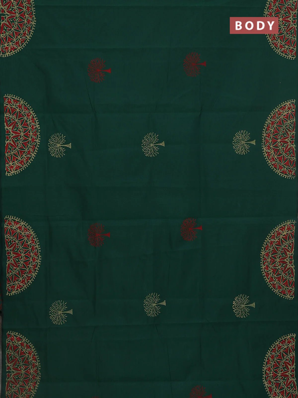 Semi silk cotton saree bottle green and peach orange with plain body and printed border - Image 2