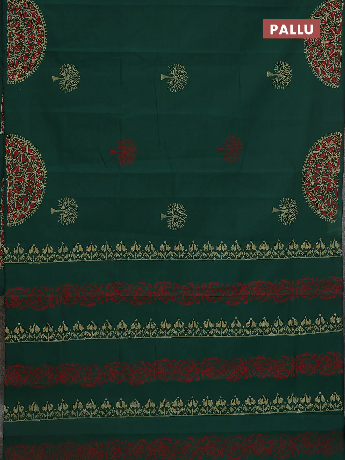 Semi silk cotton saree bottle green and peach orange with plain body and printed border - Image 3