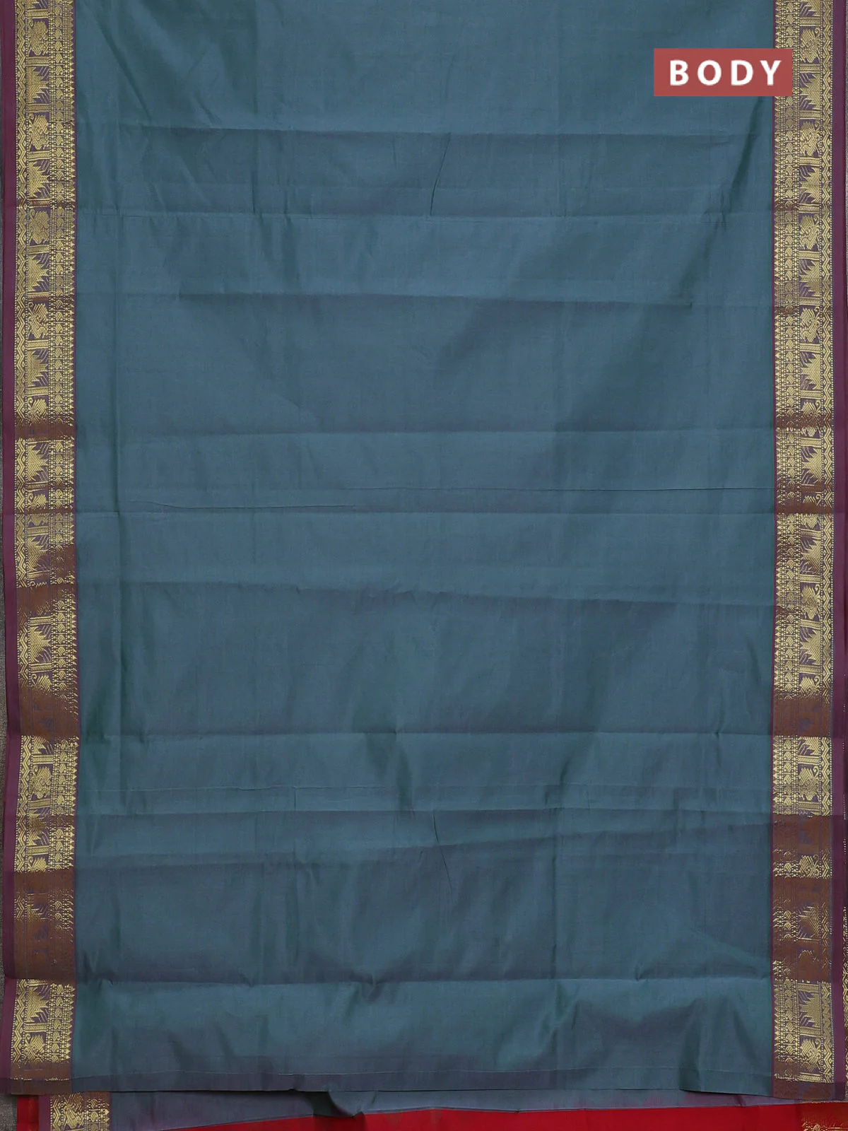 Semi silk cotton saree dual shade of green shade and red with plain body and temple & annam zari woven border - Image 2