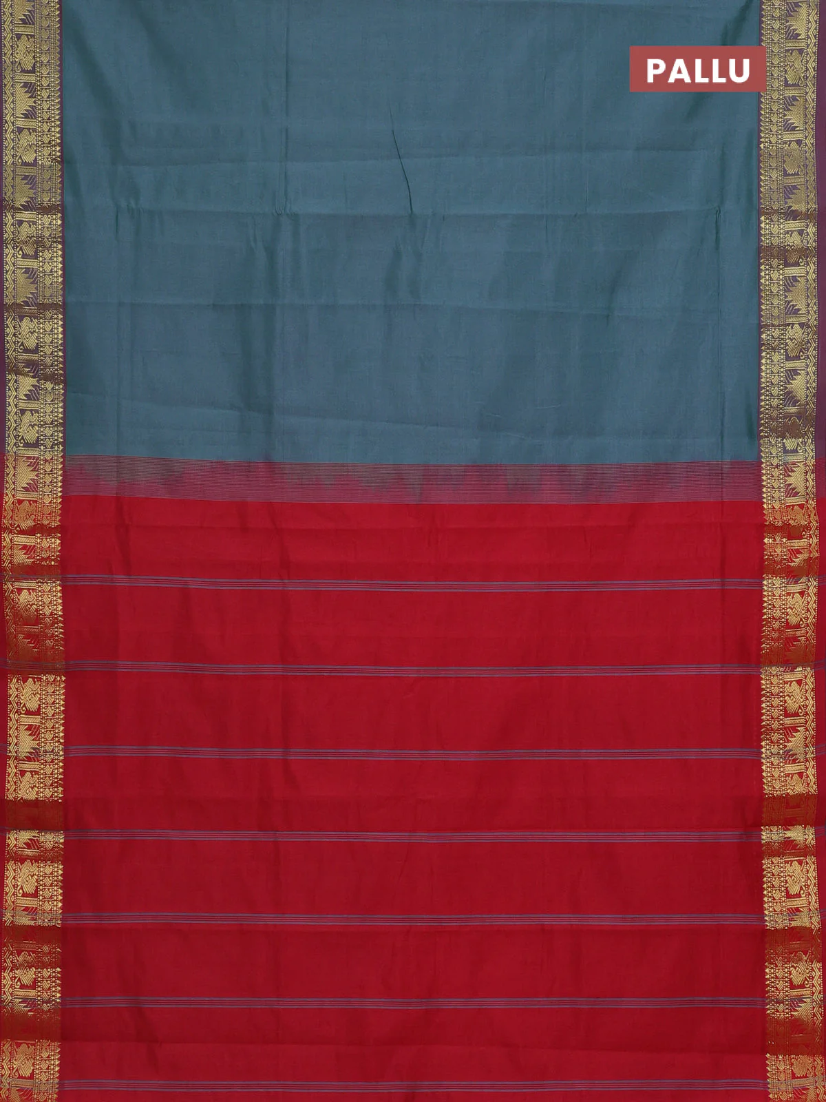 Semi silk cotton saree dual shade of green shade and red with plain body and temple & annam zari woven border - Image 3