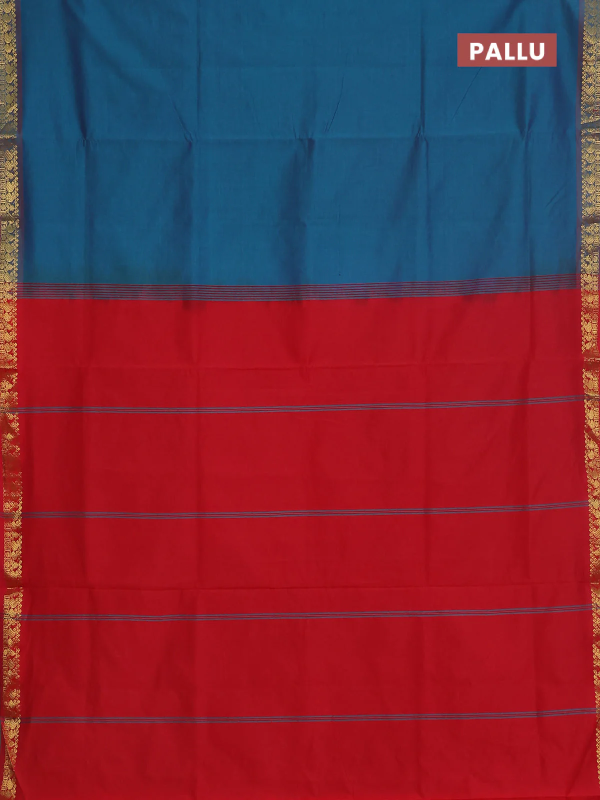 Semi silk cotton saree dual shade of peacock blue and red with plain body and zari woven border - Image 3