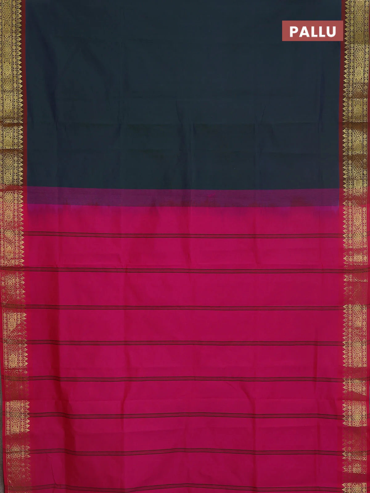 Semi silk cotton saree dual shade of sap green and pink with plain body and zari woven border - Image 3