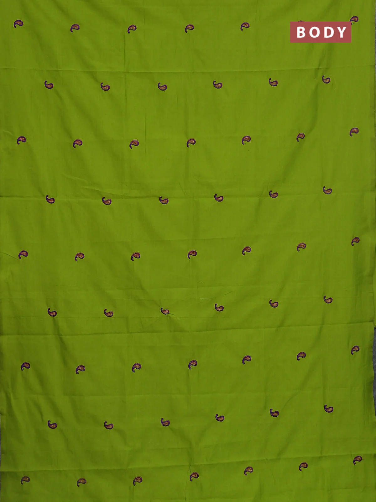 Semi silk cotton saree fluorescent green and blue with embroidery buttas in borderless style - Image 2