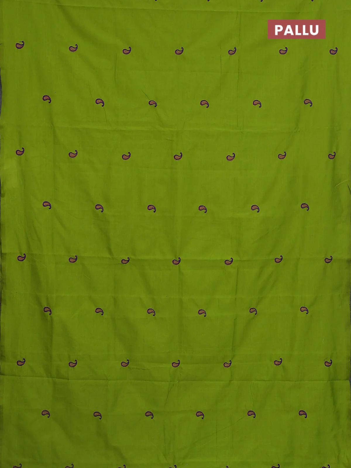 Semi silk cotton saree fluorescent green and blue with embroidery buttas in borderless style - Image 3