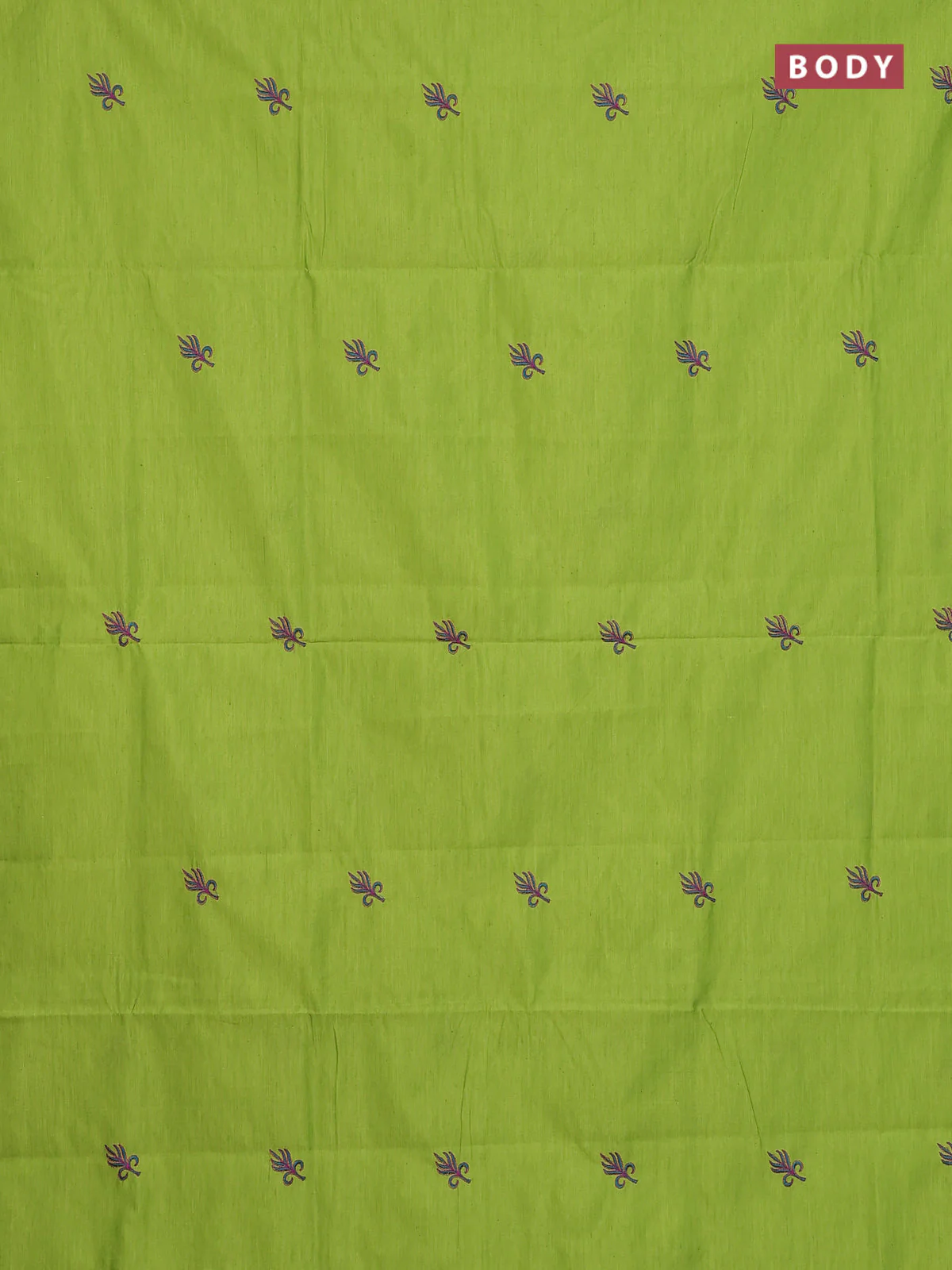 Semi silk cotton saree fluorescent green and teal blue with embroidery buttas in borderless style - Image 2