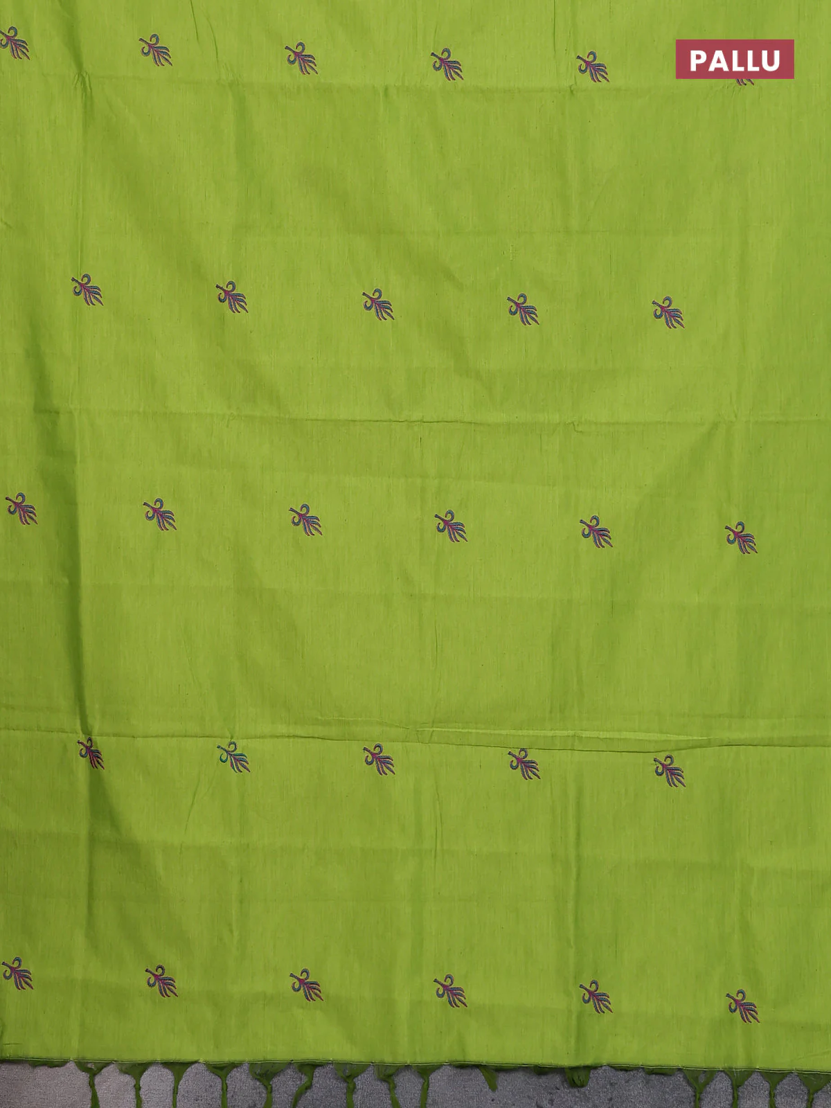 Semi silk cotton saree fluorescent green and teal blue with embroidery buttas in borderless style - Image 3