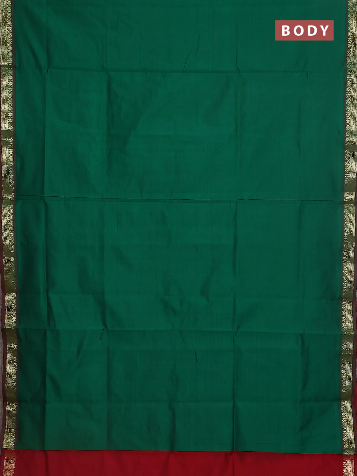 Semi silk cotton saree green and maroon with plain body and zari woven border - Image 2