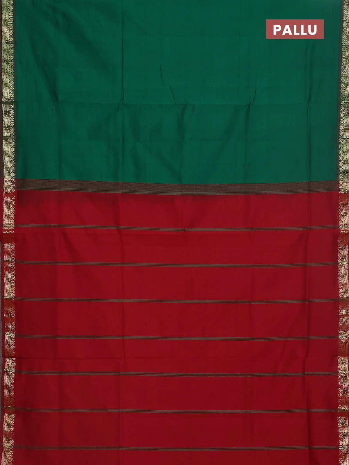 Semi silk cotton saree green and maroon with plain body and zari woven border - Image 3