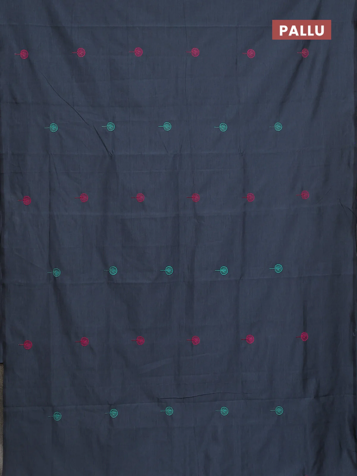 Semi silk cotton saree grey and teal green with embroidery buttas in borderless style - Image 3