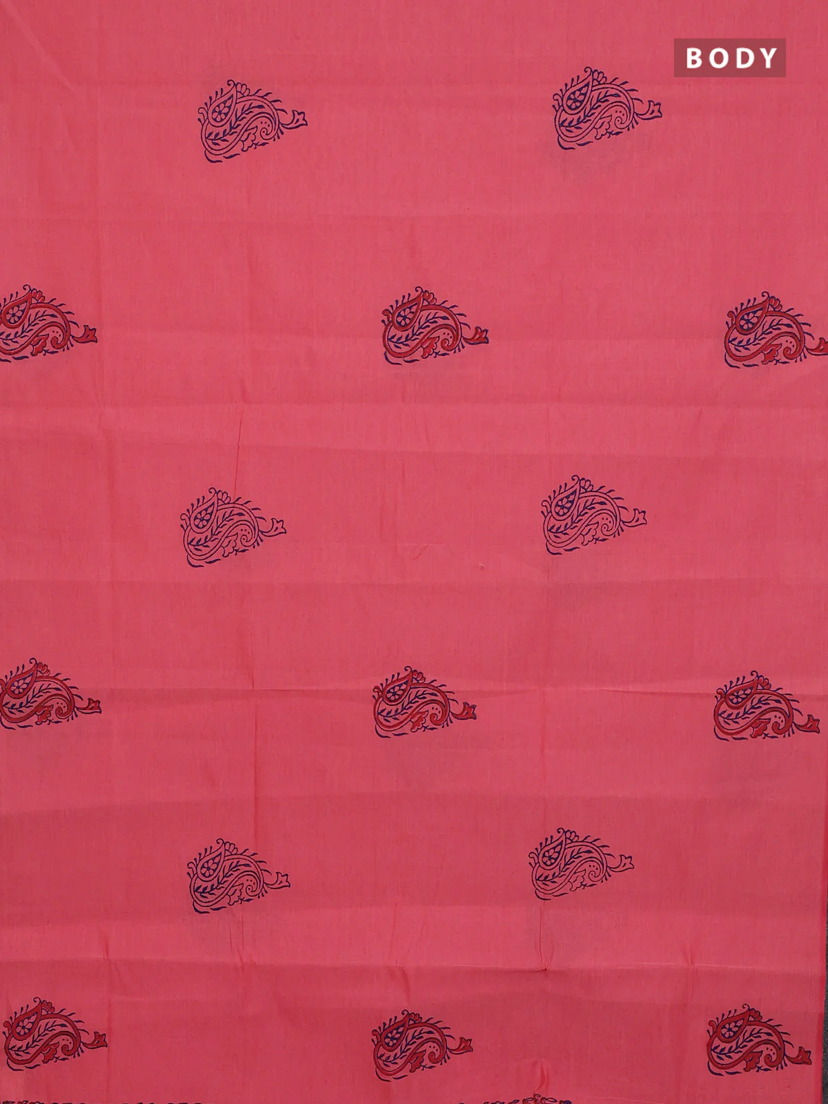 Semi silk cotton saree peach pink and navy blue with plain body and printed border - Image 2