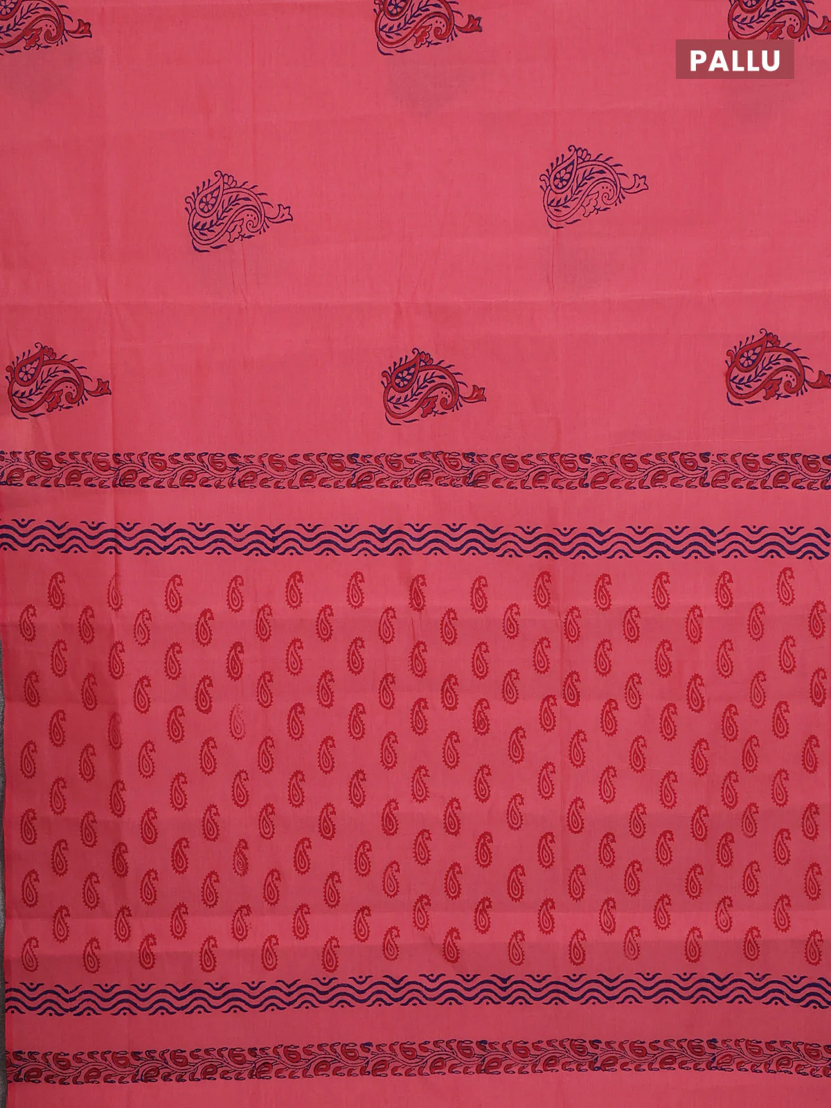 Semi silk cotton saree peach pink and navy blue with plain body and printed border - Image 3