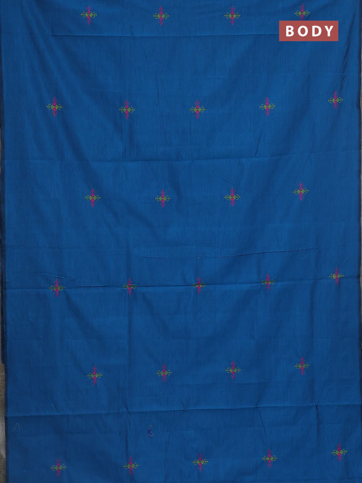 Semi silk cotton saree peacock blue and light green with embroidery buttas in borderless style - Image 2