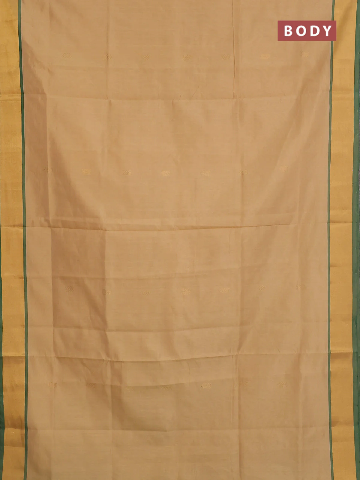 Semi silk cotton saree sandal and green with zari woven buttas and zari woven border - Image 2