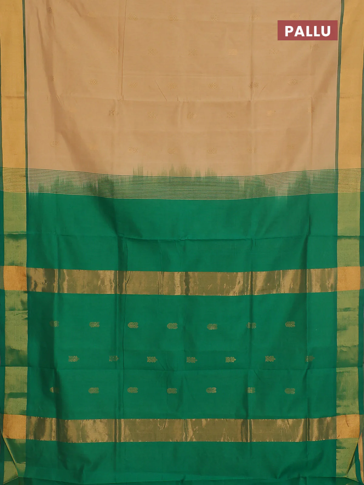 Semi silk cotton saree sandal and green with zari woven buttas and zari woven border - Image 3