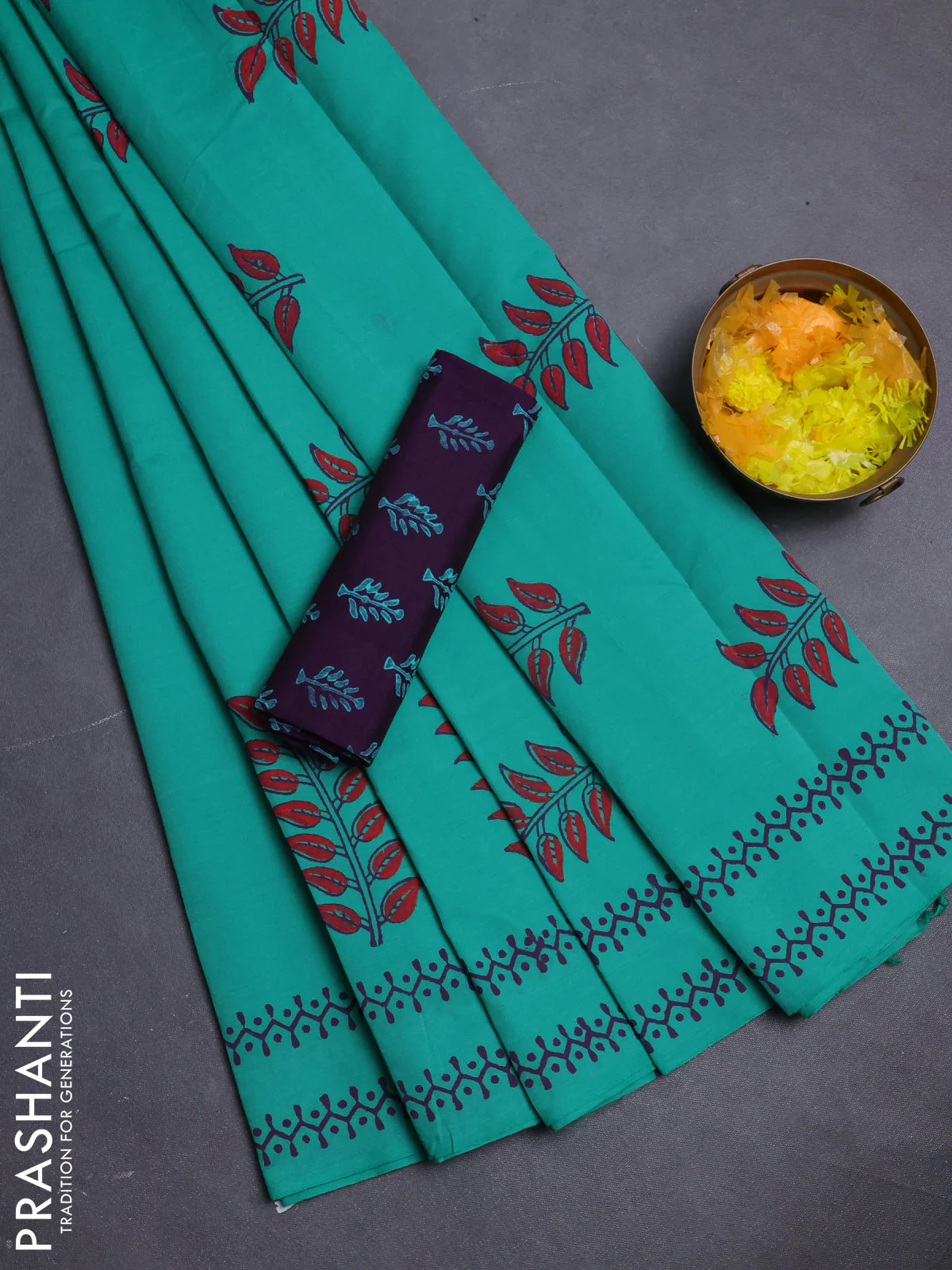 Semi silk cotton saree teal green and purple with butta prints and printed border