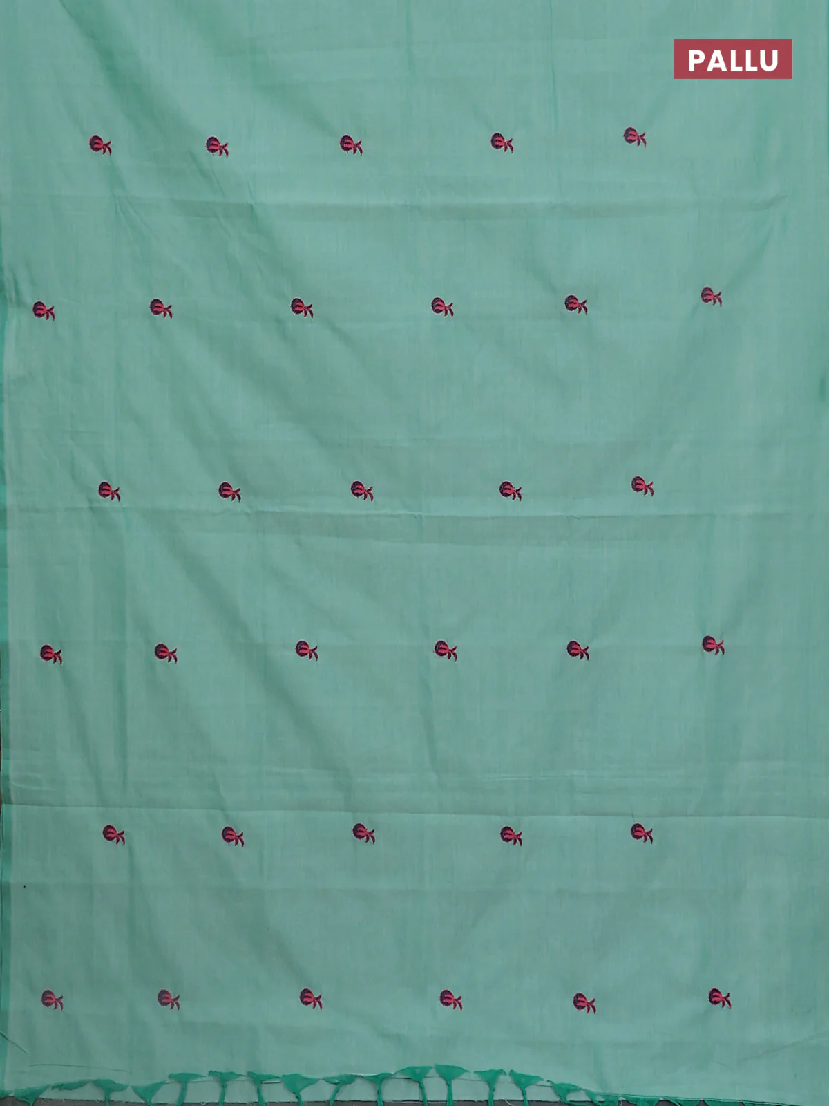 Semi silk cotton saree teal green shade and violet with embroidery buttas in borderless style - Image 3