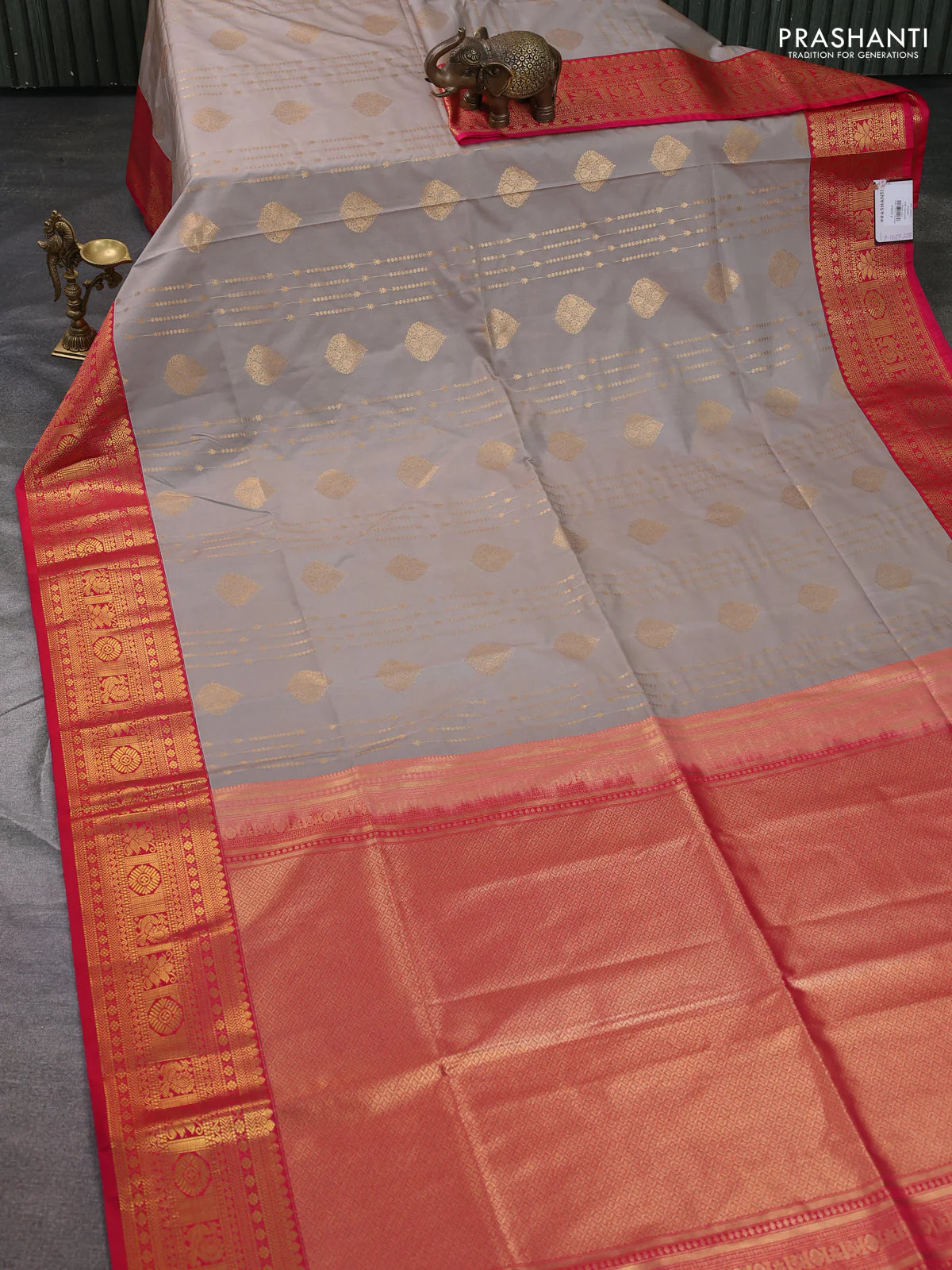Semi soft silk saree beige and pink with allover zari weaves & buttas and zari woven border - Image 2