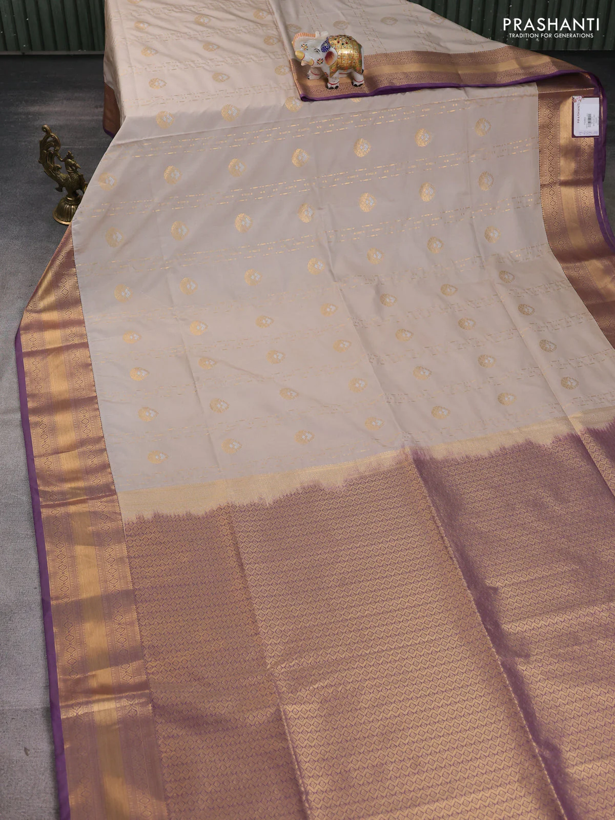 Semi soft silk saree beige and purple with allover zari woven buttas and zari woven korvai border - Image 2