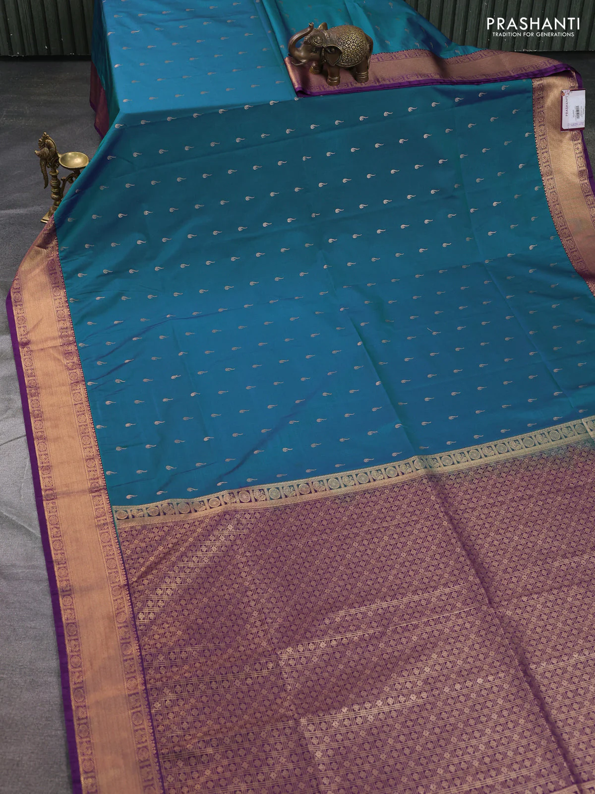 Semi soft silk saree blue and purple with allover zari woven buttas and zari woven border - Image 2