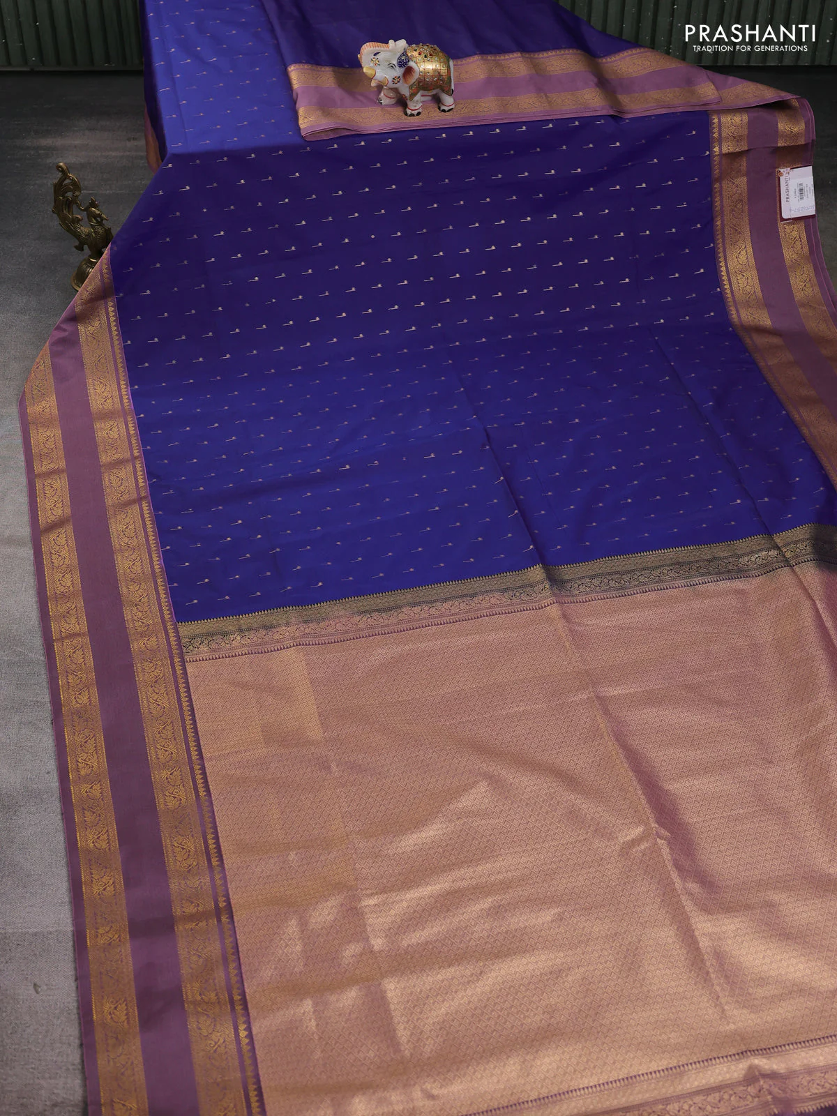 Semi soft silk saree blue and rosy brown with allover zari woven buttas and rettapet zari woven border - Image 2