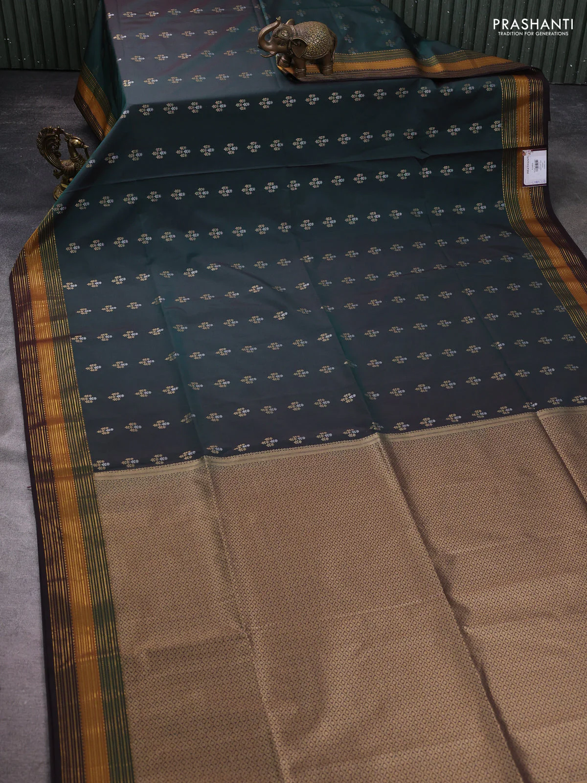 Semi soft silk saree bottle green and coffee brown with allover zari woven buttas and zari woven korvai border - Image 2