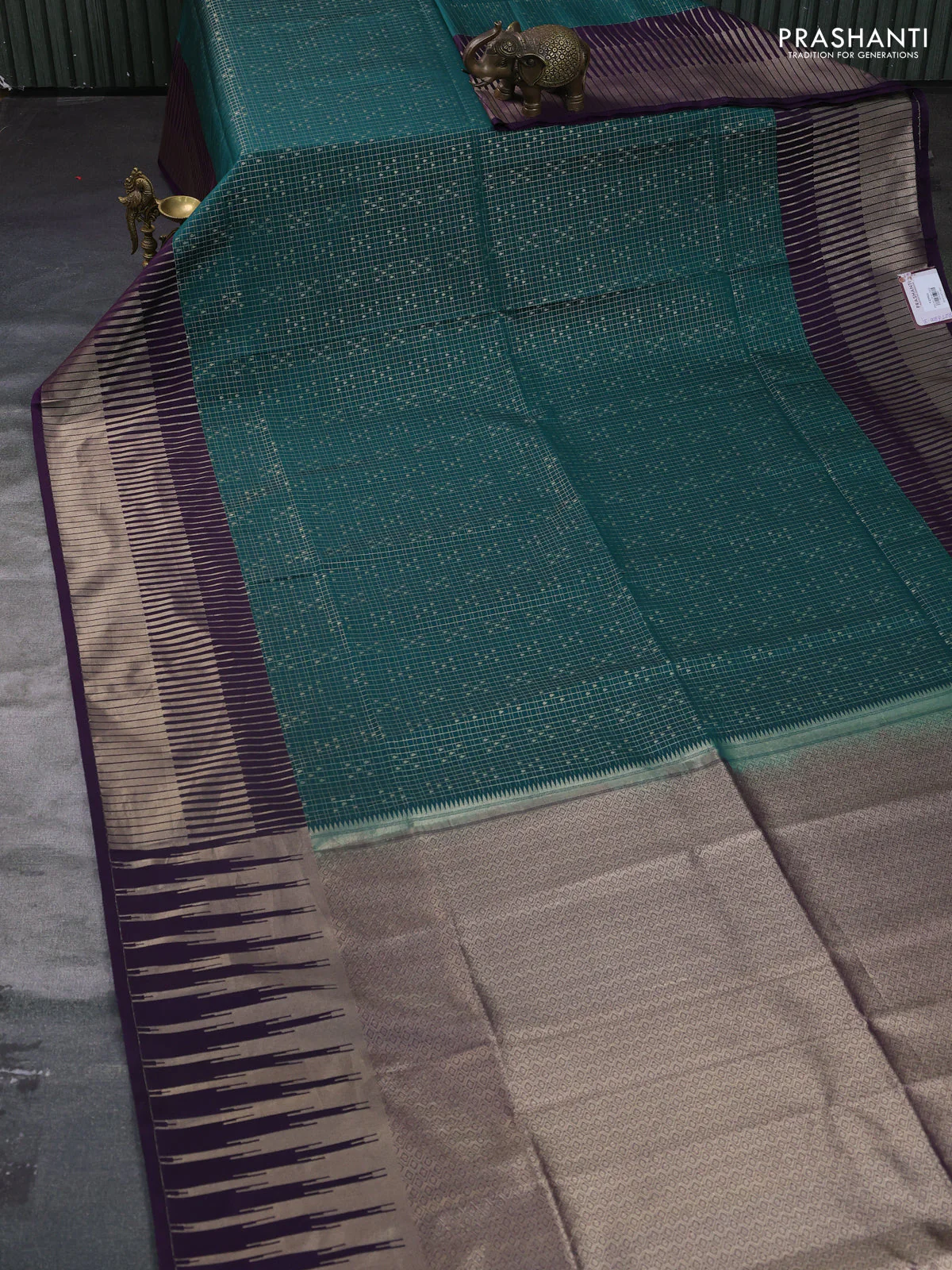 Semi soft silk saree bottle green and purple with allover small checks & buttas and temple long zari woven border - Image 2