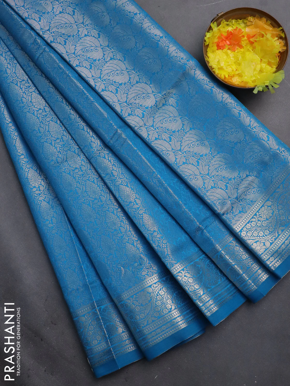 Semi soft silk saree cs blue with allover zari woven brocade weaves -Without blouse