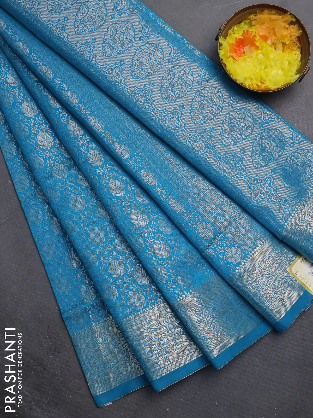 Semi soft silk saree cs blue with allover zari woven brocade weaves -Without blouse
