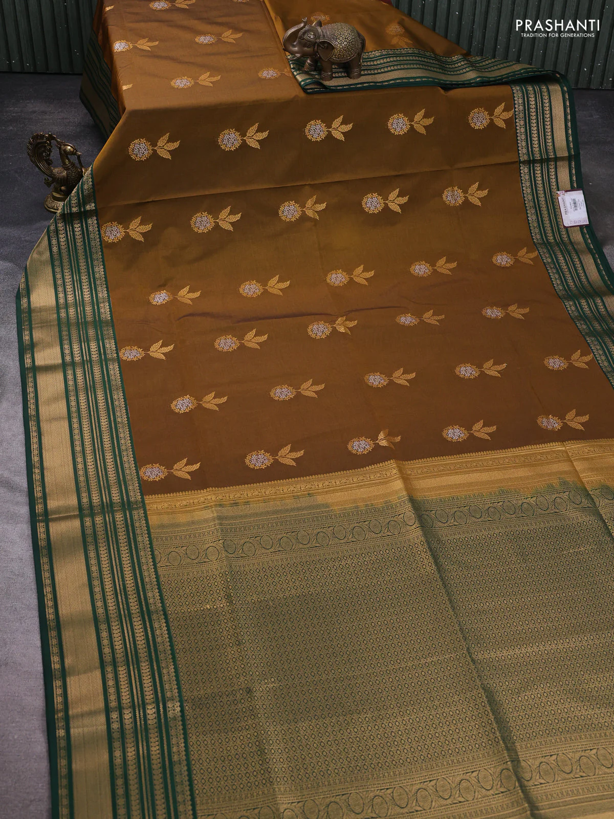 Semi soft silk saree dark mustard and bottle green with zari woven buttas and zari woven korvai border - Image 2
