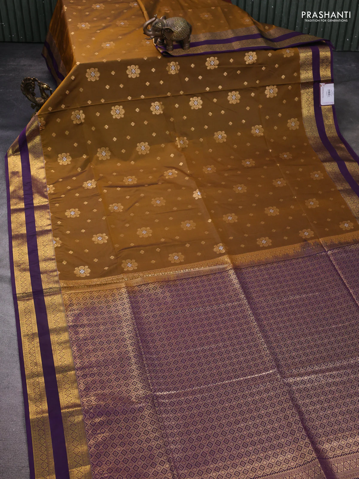 Semi soft silk saree dark mustard and purple with allover zari woven buttas and zari woven korvai border - Image 2