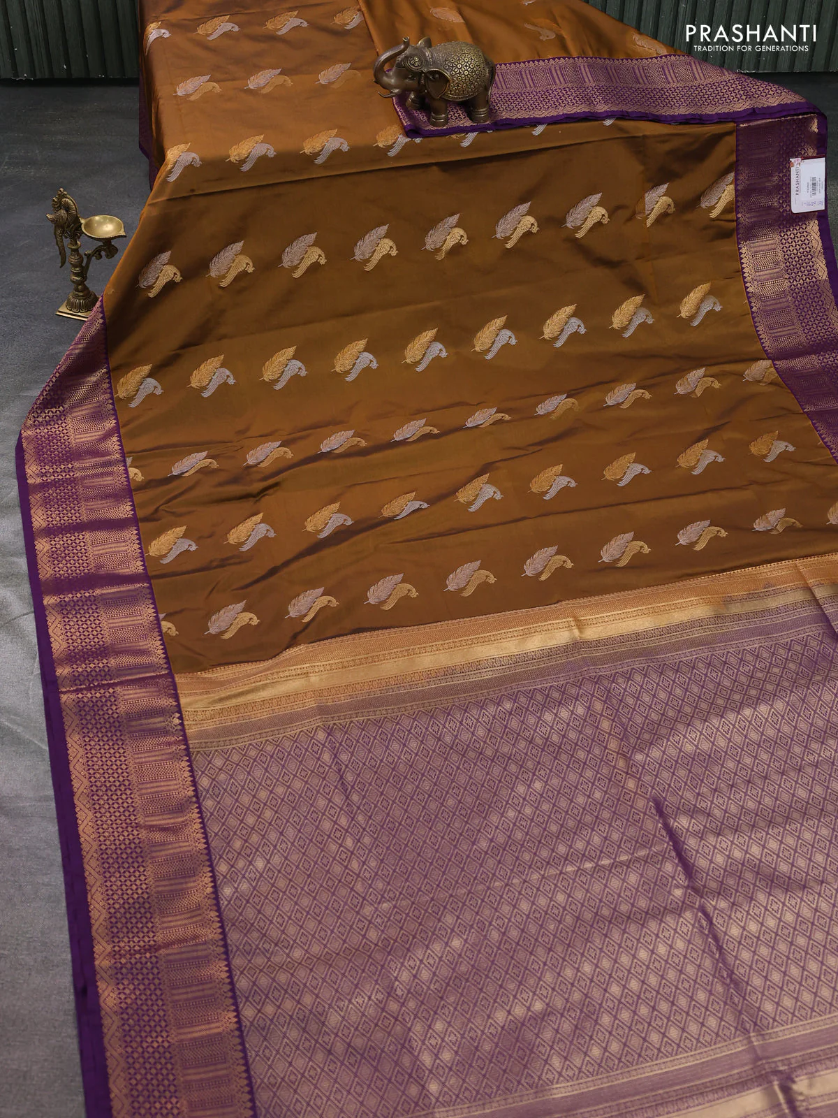 Semi soft silk saree dark mustard and purple witrh zari woven buttas and zari woven border - Image 2