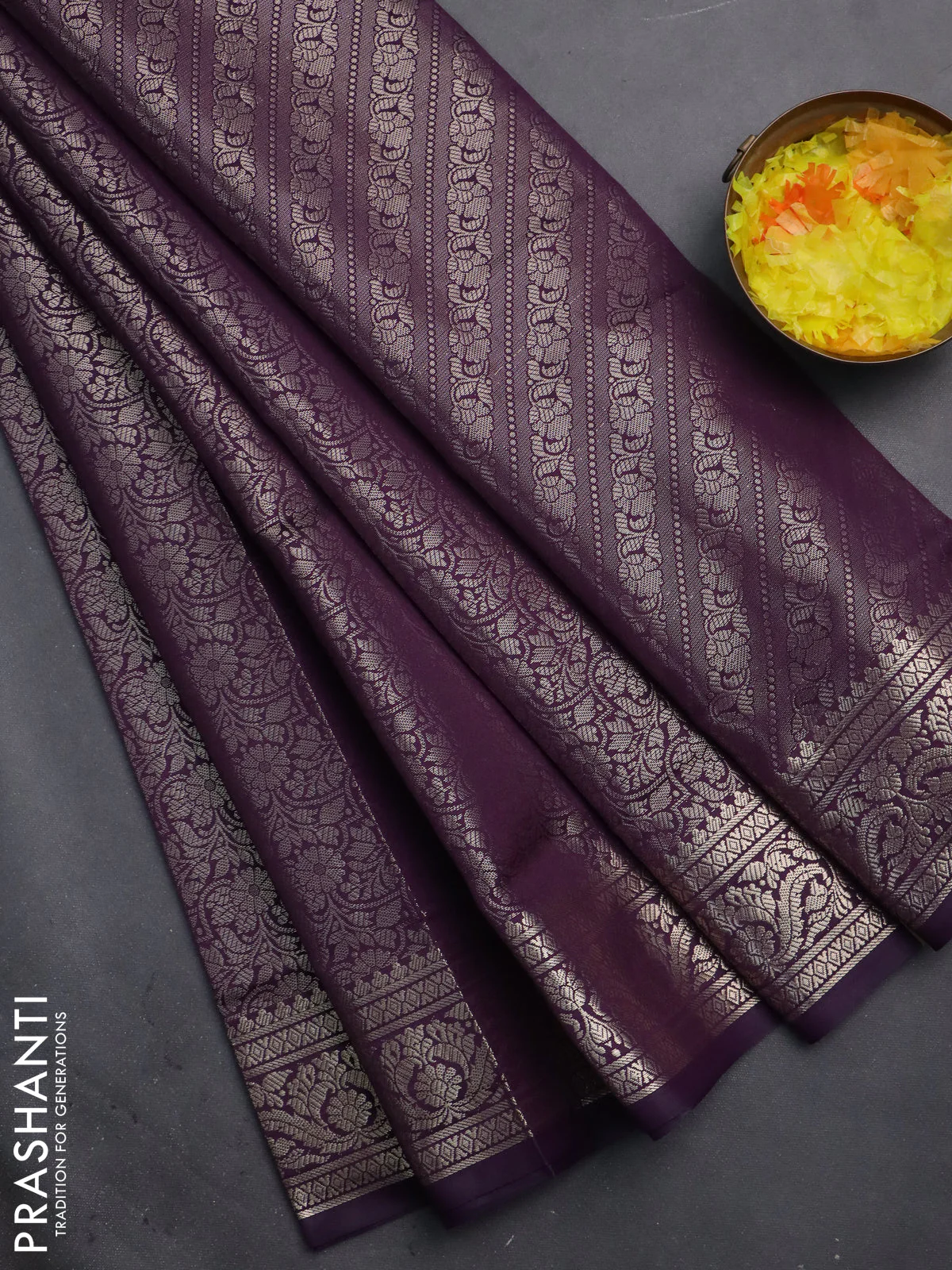 Semi soft silk saree deep purple with allover zari woven brocade weaves -Without blouse