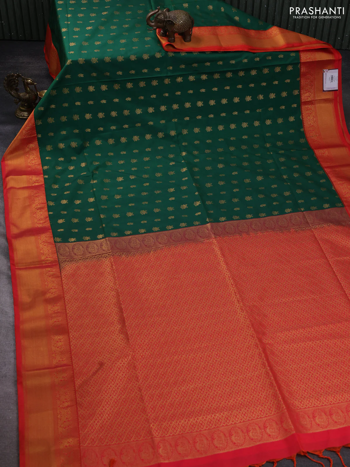 Semi soft silk saree green and orange with allover zari woven buttas and zari woven border - Image 2