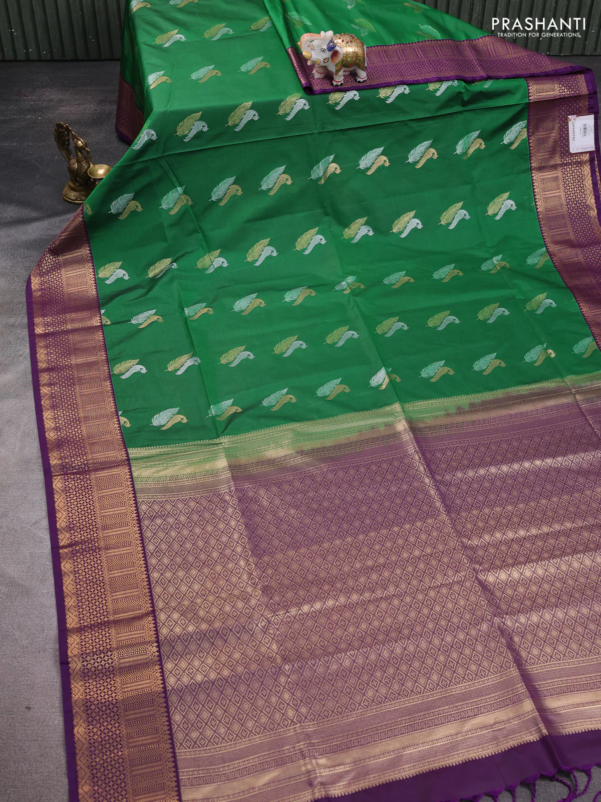 Semi soft silk saree green and purple with zari woven buttas and zari woven border - Image 2
