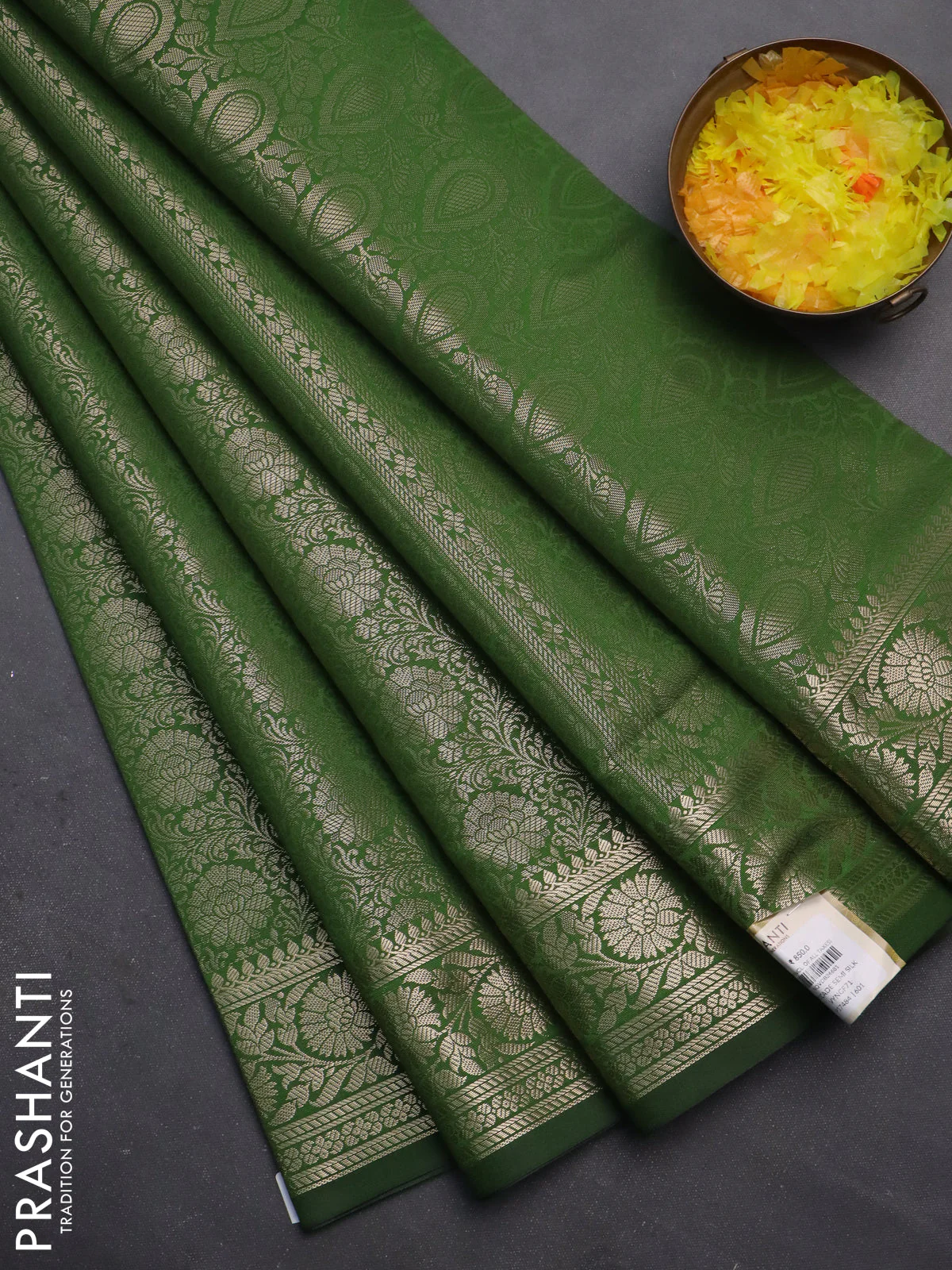 Semi soft silk saree green with allover zari woven brocade weaves -Without blouse