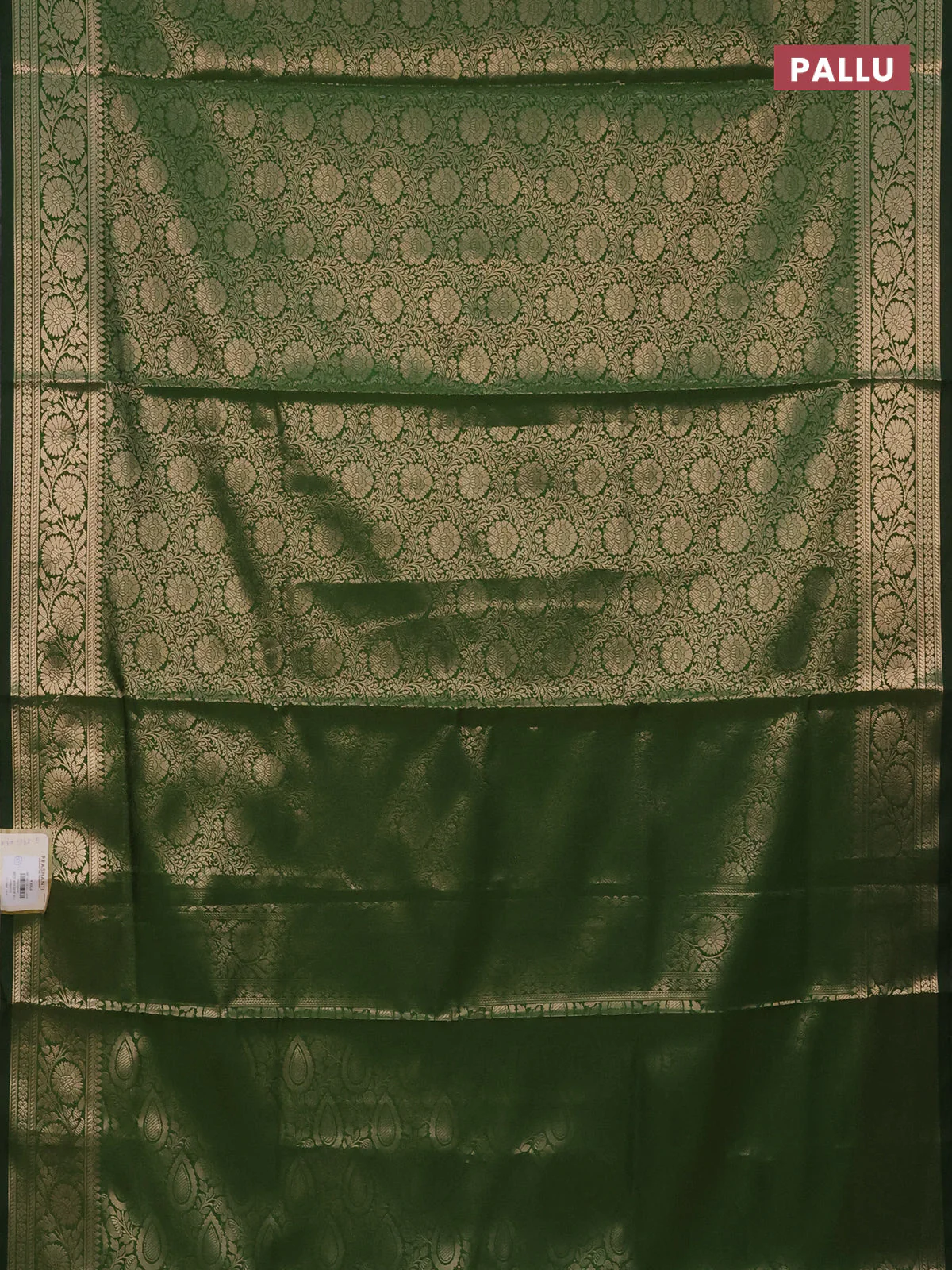 Semi soft silk saree green with allover zari woven brocade weaves -Without blouse - Image 3