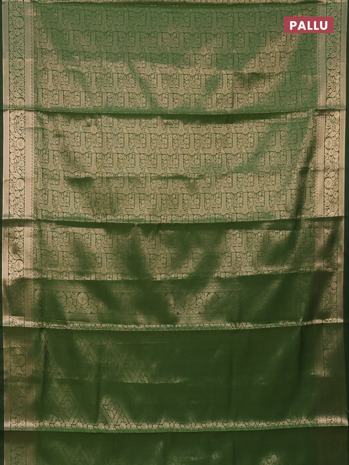 Semi soft silk saree green with allover zari woven brocade weaves -Without blouse - Image 3