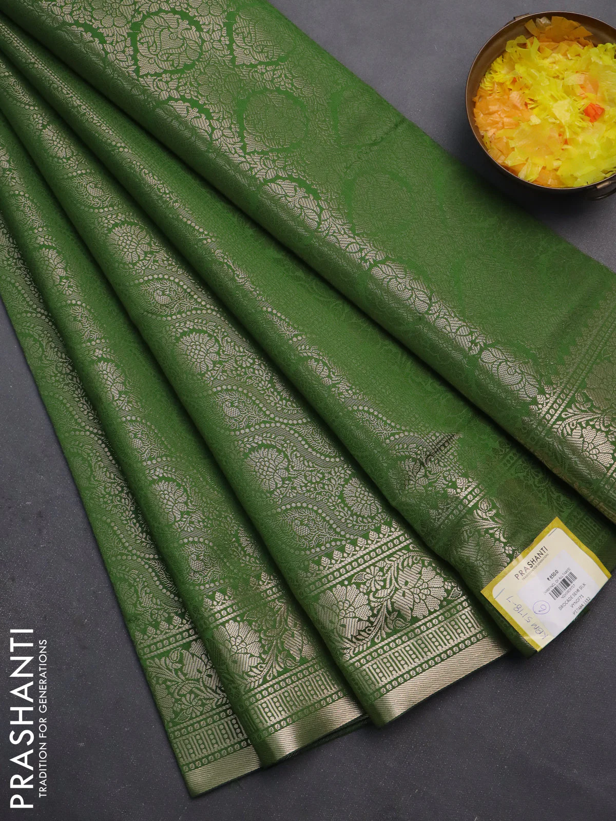 Semi soft silk saree green with allover zari woven brocade weaves -Without blouse
