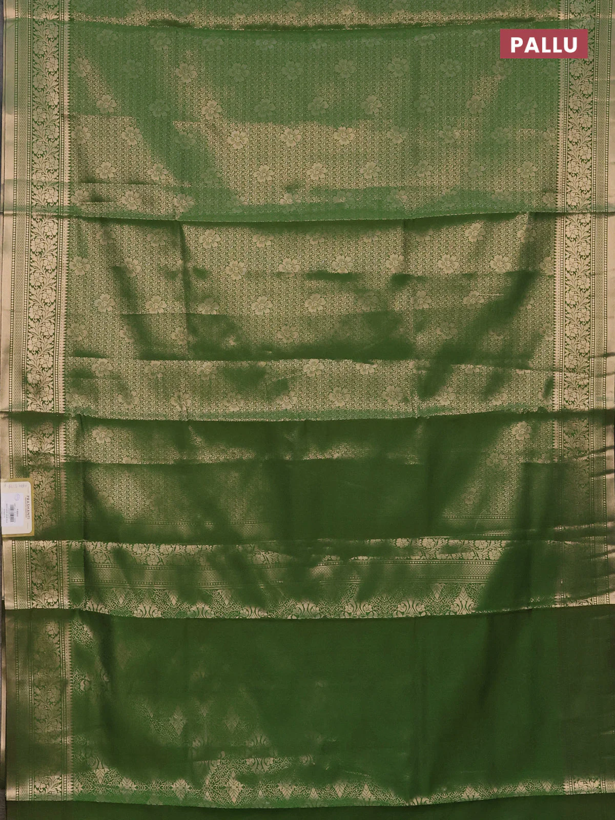 Semi soft silk saree green with allover zari woven brocade weaves -Without blouse - Image 3