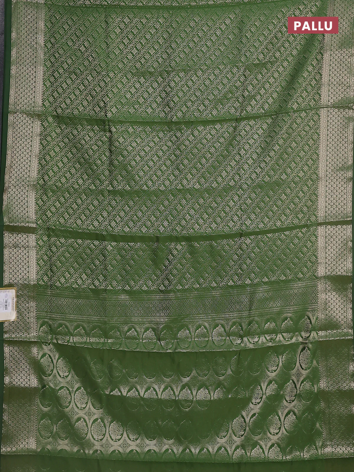 Semi soft silk saree green with allover zari woven brocade weaves -Without blouse - Image 3